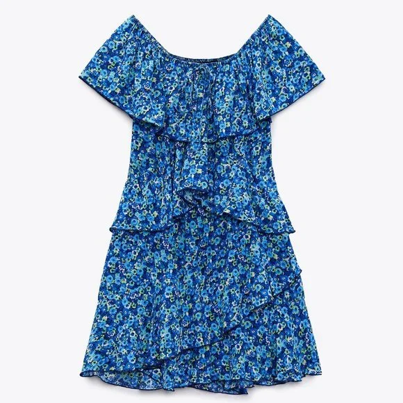 NEW Zara Blue Floral Off the Shoulder Cute Tiered Ruffle Dress Romper Jumpsuit M - Picture 6 of 9